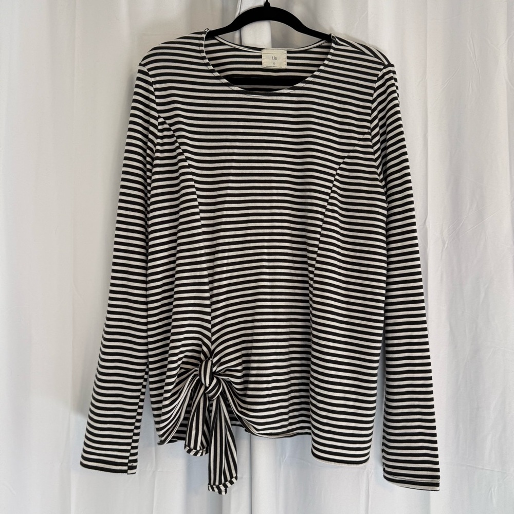 Anthropologie T.LA Black White Striped Tie Front Long Sleeve Tee Women’s Large - Picture 4 of 10